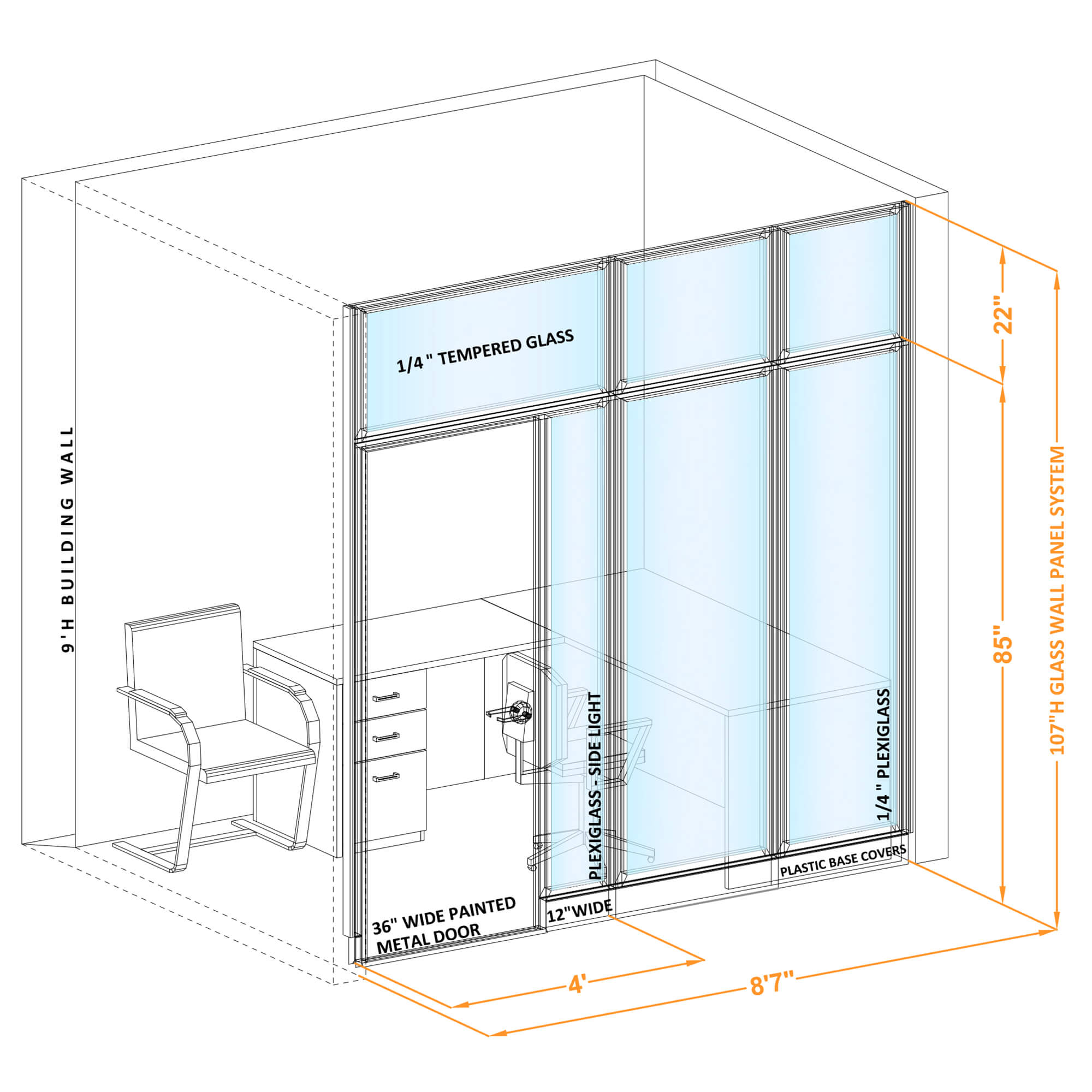 Modular glass office walls GWO I 86x1070