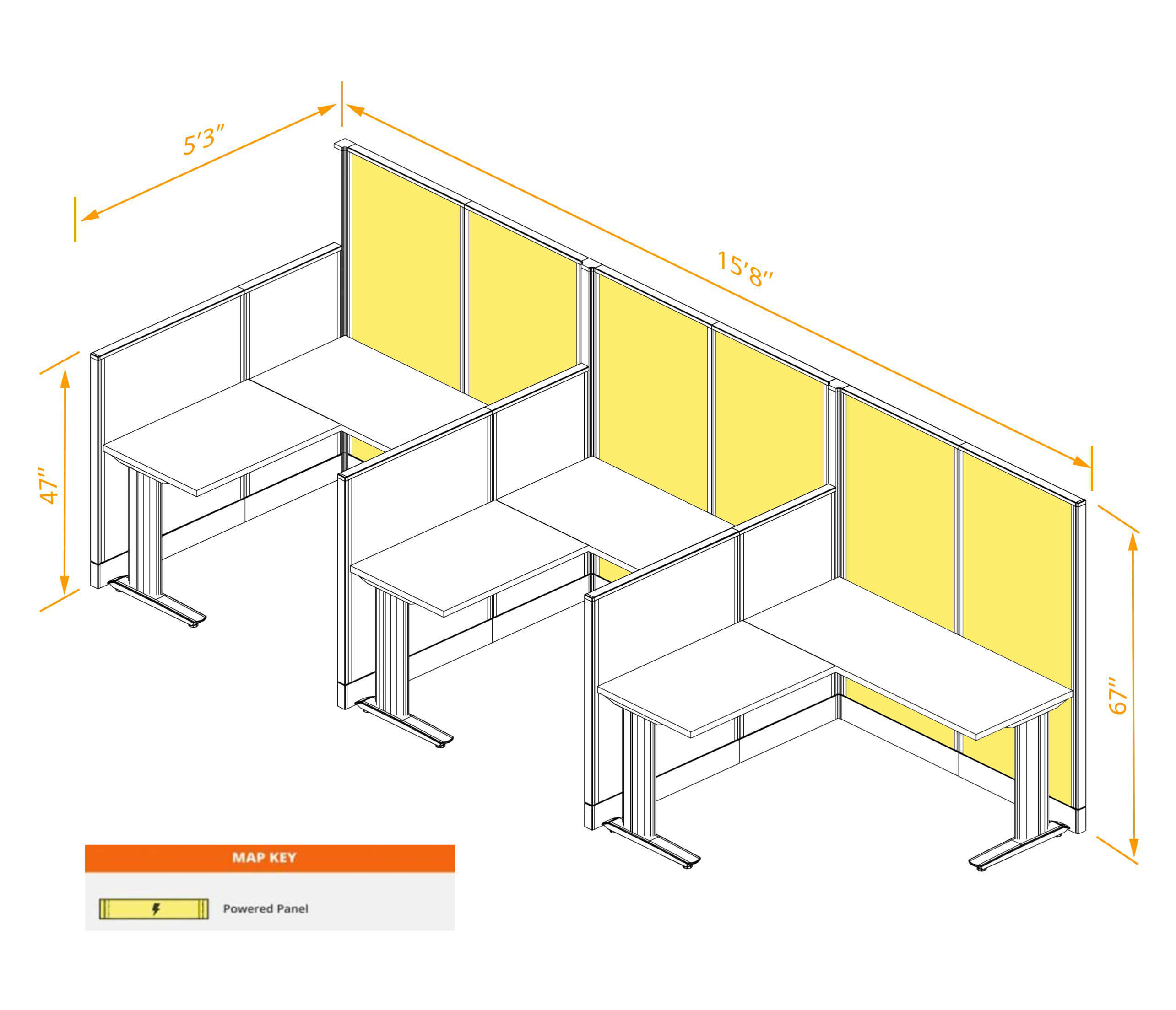 L shaped workstation 3pack inline powered dimensions