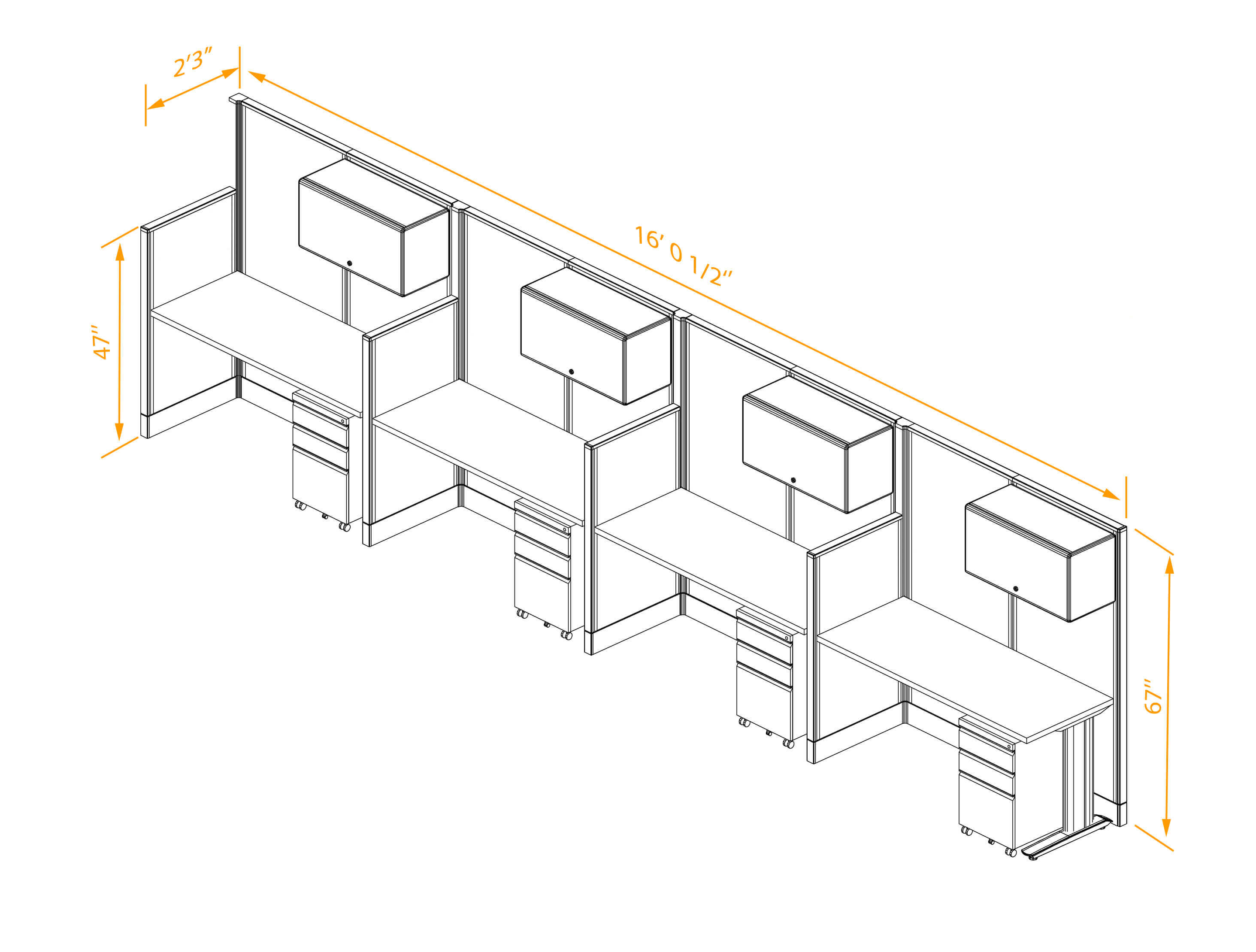 Straight workstations 4pack inline non powered with storage dimensions