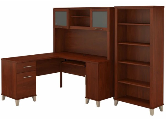 L shaped computer desk with 5 shelf bookcase 60W highlight hansen cherry