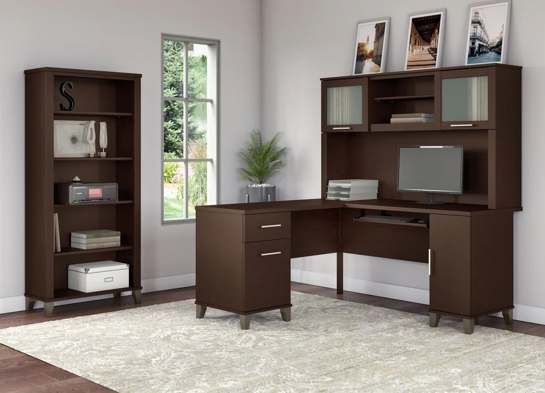 L shaped computer desk with 5 shelf bookcase 60W space view mocha cherry