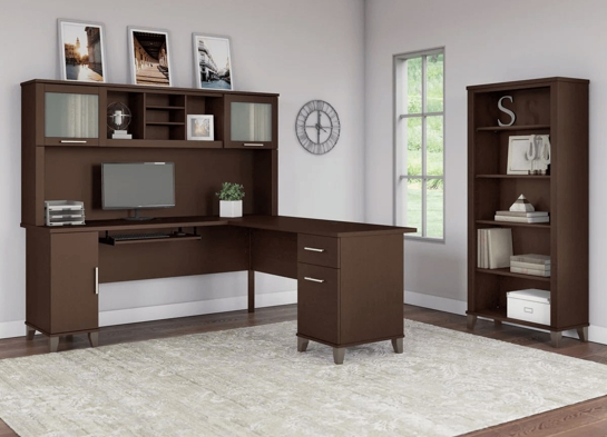 L shaped computer desk with 5 shelf bookcase 72 w space view mocha cherry