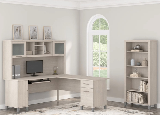 L shaped computer desk with 5 shelf bookcase 72 w space view sand oak