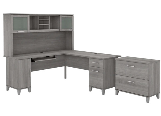 L shaped computer desk with traditional file cabinet 72 w platinum gray 2