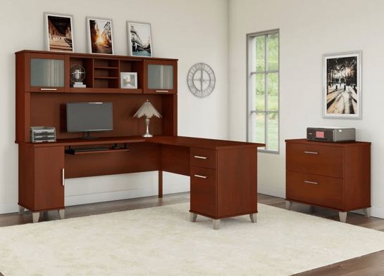 L shaped computer desk with traditional file cabinet 72 w space view hansen cherry 1