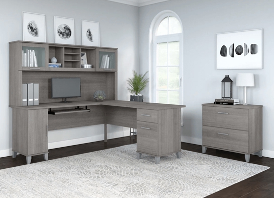 L shaped computer desk with traditional file cabinet 72 w space view platinum gray 1