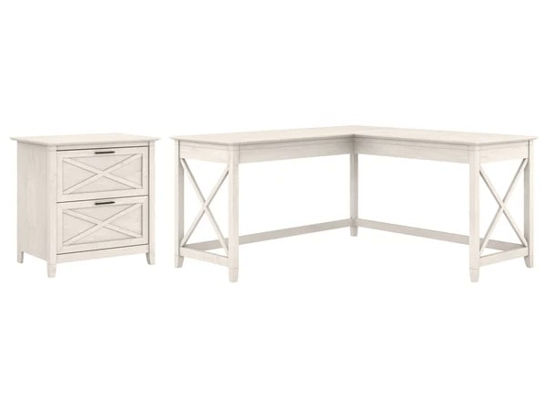 L shaped desk and file cabinet highlight linen white oak