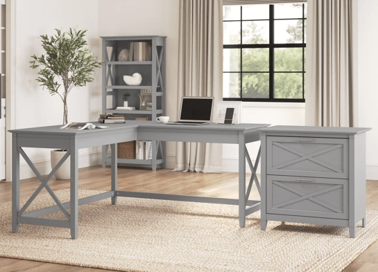 L shaped desk and file cabinet space view cape cod gray