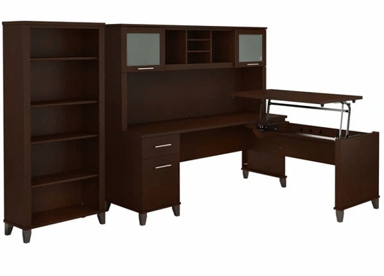 Modern office standing desk with 5 shelf bookcase highlight view mocha cherry