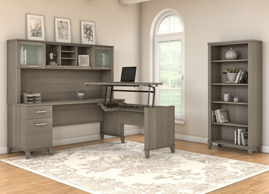Modern office standing desk with 5 shelf bookcase space view ash gray