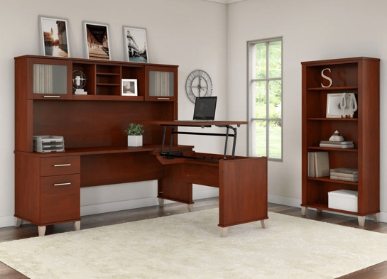 Modern office standing desk with 5 shelf bookcase space view hansen cherry