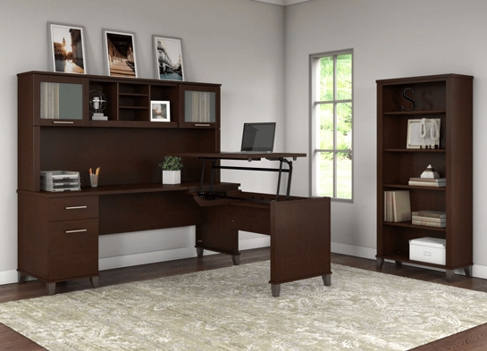 Modern office standing desk with 5 shelf bookcase space view mocha cherry