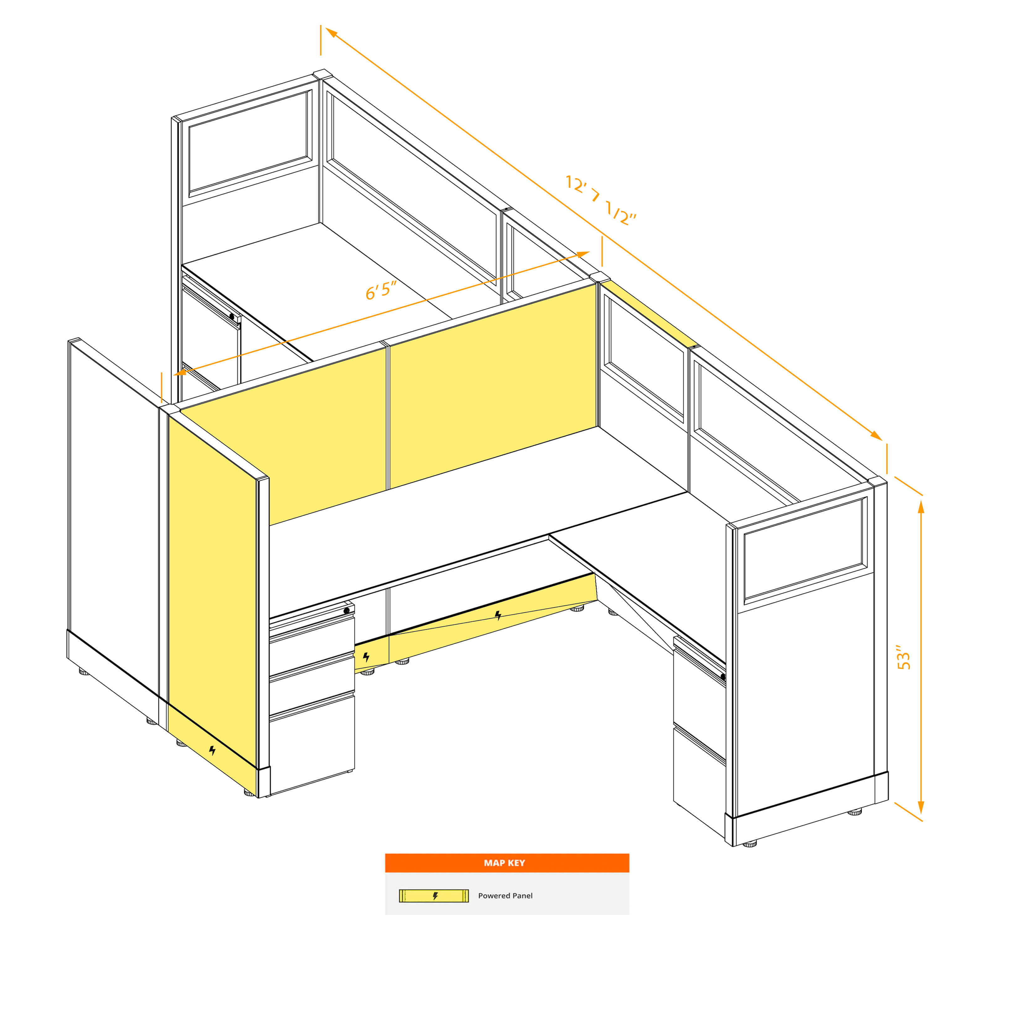 Modular furniture 53h with partial glass panels powered CUB 2C 53 P 66 PGL ESP WH PSO2