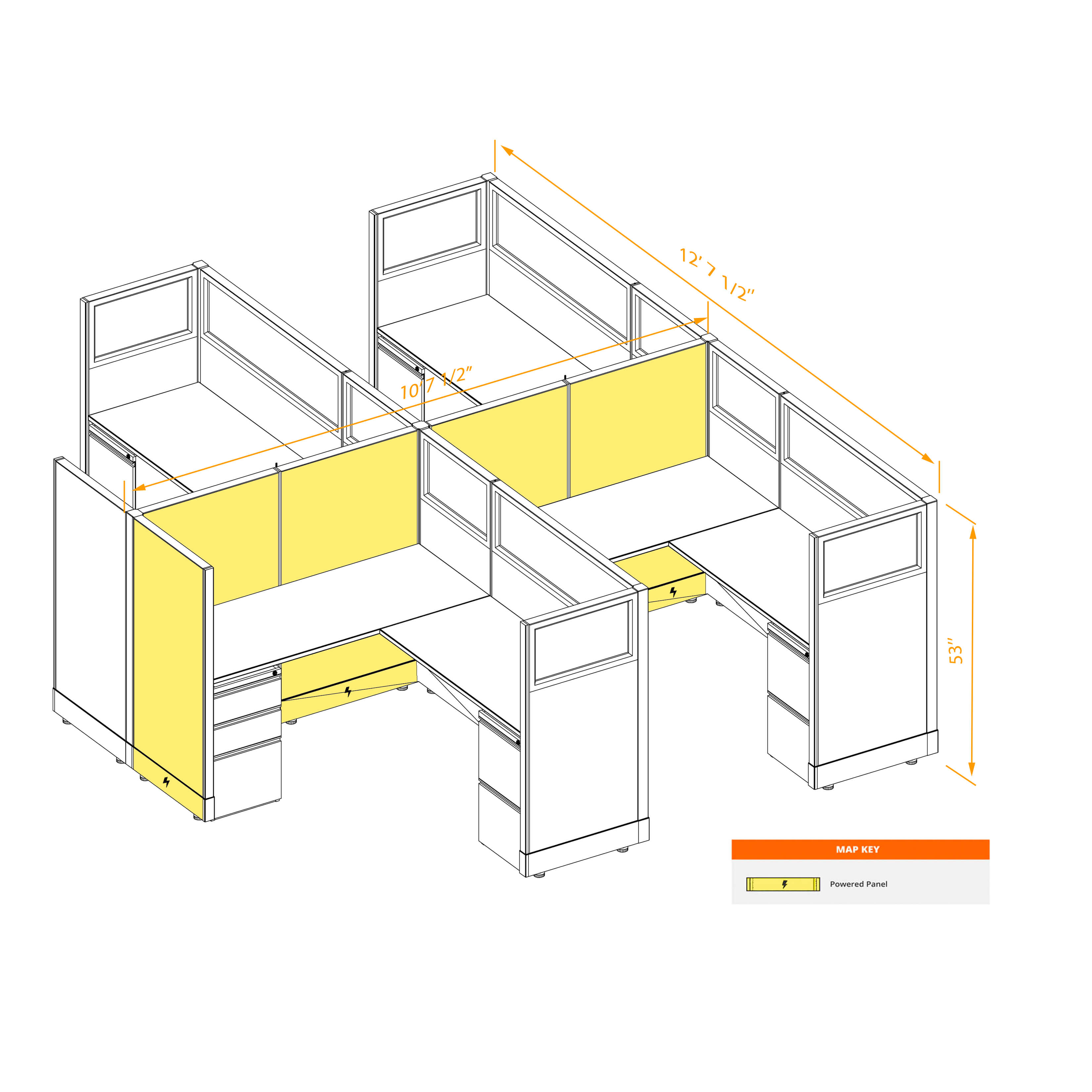 Modular furniture 53h with partial glass panels powered CUB 4C 53 P 56 PGL ESP WH PSO2