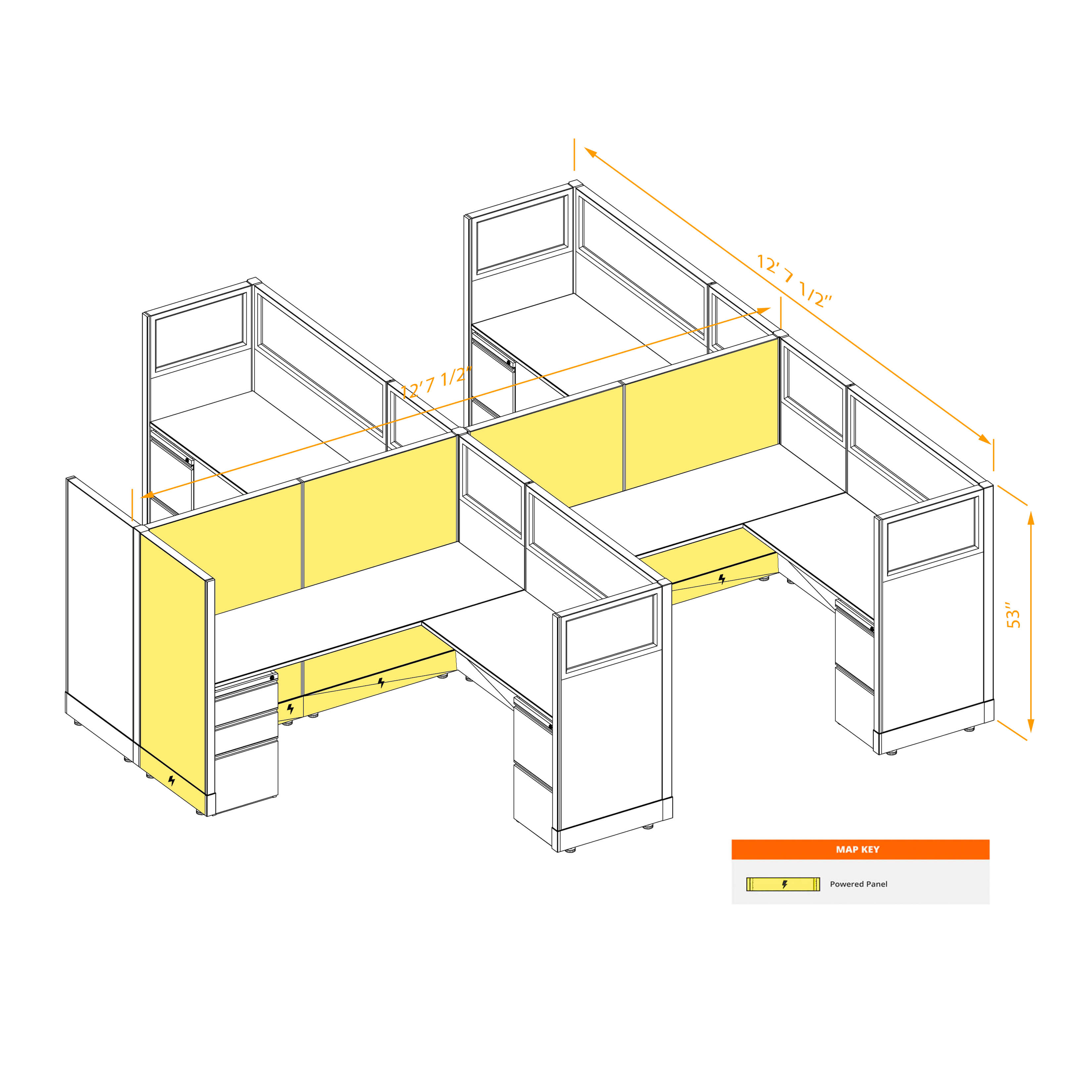 Modular furniture 53h with partial glass panels powered CUB 4C 53 P 66 PGL ESP WH PSO2