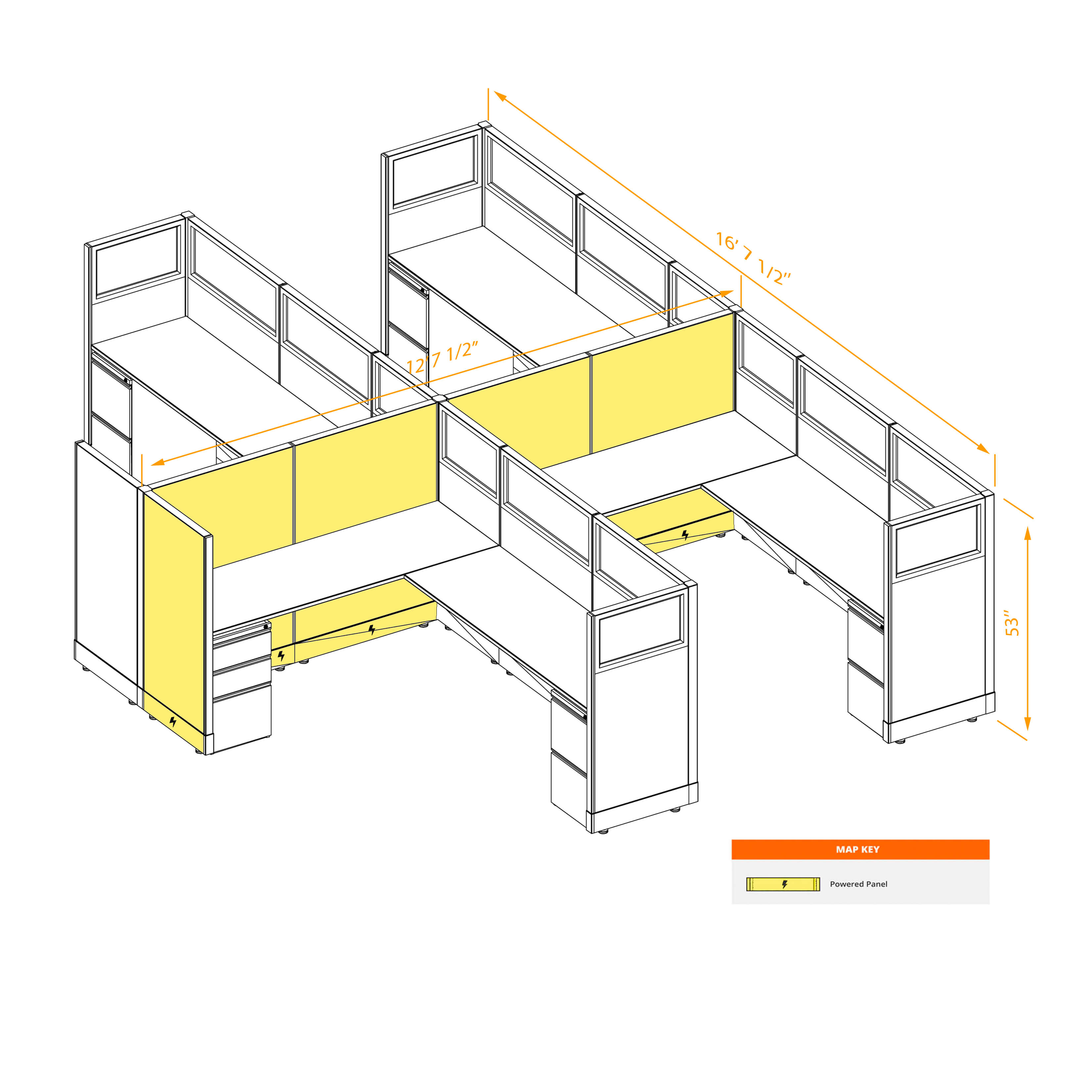 Modular furniture 53h with partial glass panels powered CUB 4C 53 P 68 PGL ESP WH PSO2