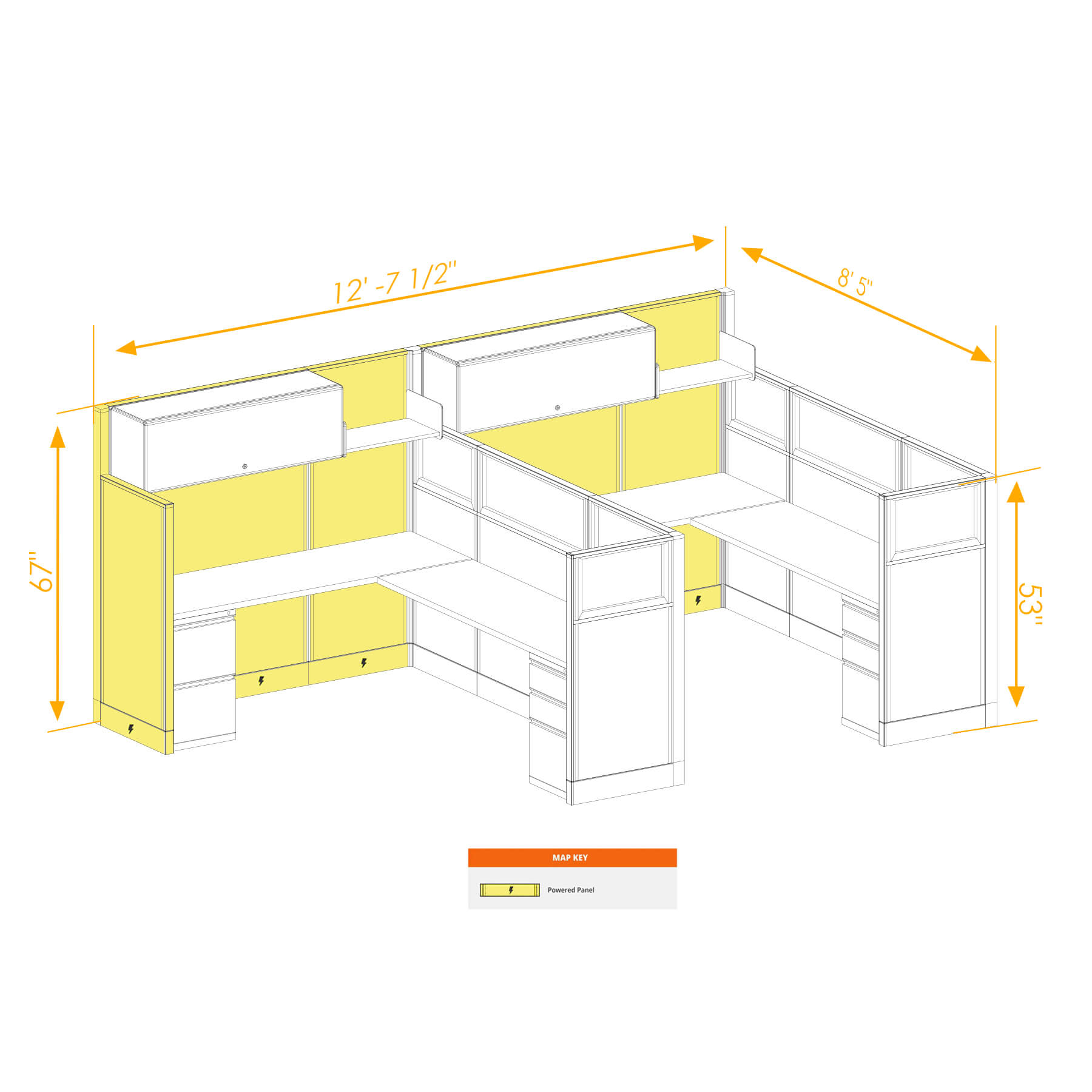 Modular furniture mixed height powered CUB 2I 53 67 P 68 PGL ESP WH PSO2