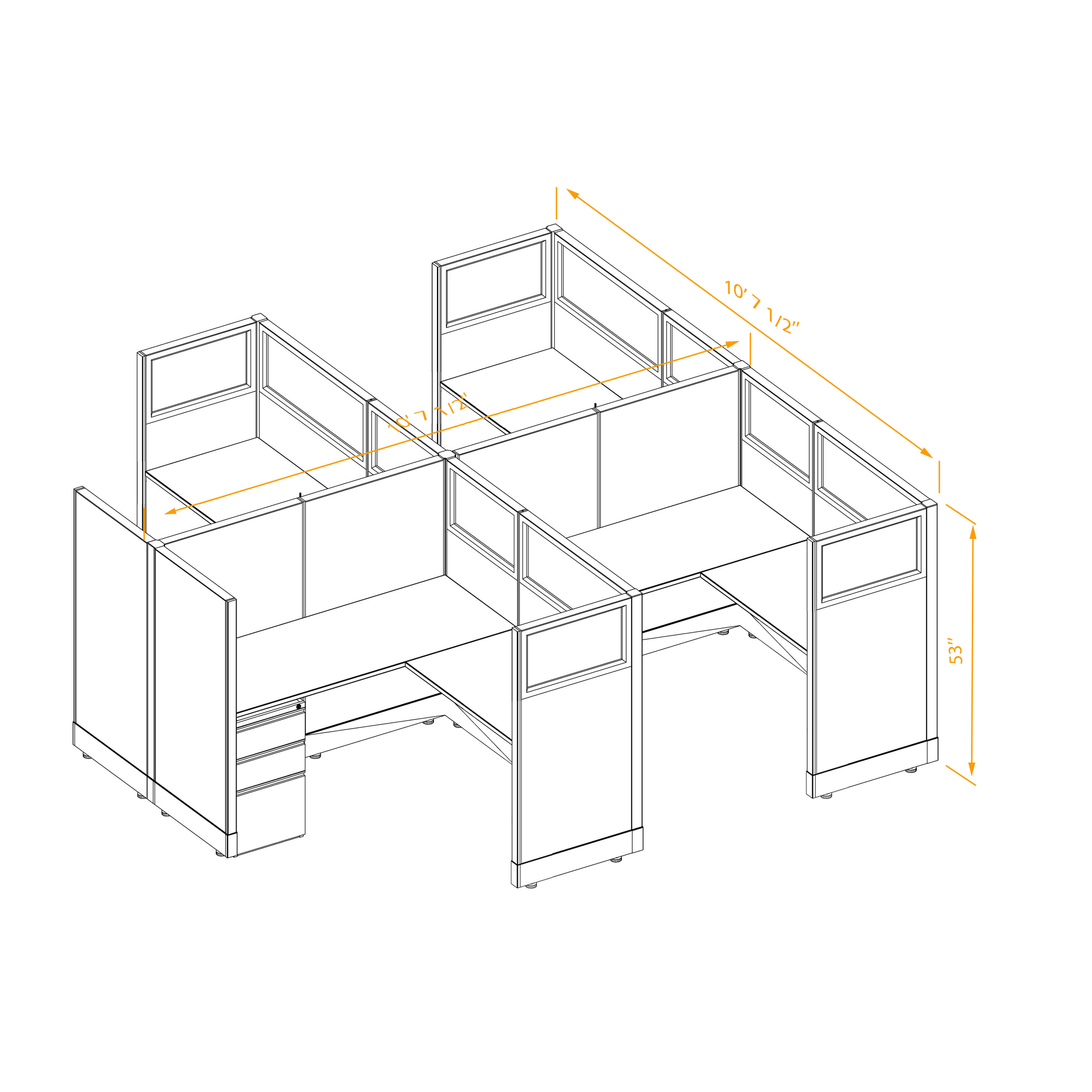 Office workstations 53h with partial glass panels unpowered CUB 4C 53 NP 55 PGL ESP WH PSO2