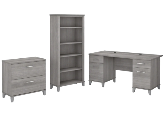 Office desk with 2 file drawers and 5 shelf bookcase highlight platinum gray
