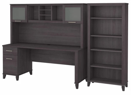 Office desk with hutch and 5 shelf bookcase highlight view storm gray 1