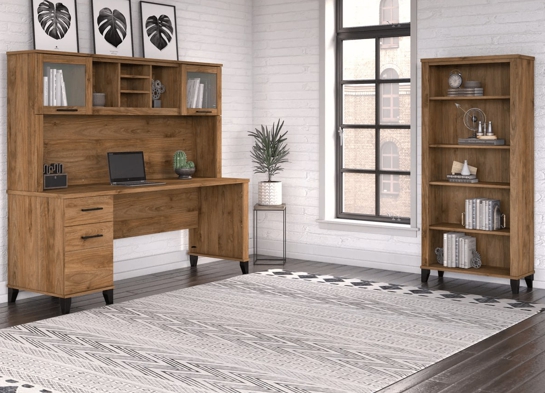 Office desk with hutch and 5 shelf bookcase space view fresh walnut 1