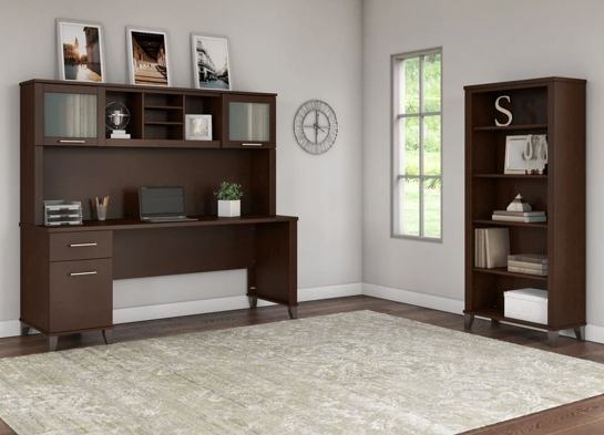 Office desk with hutch and 5 shelf bookcase space view mocha cherry 1