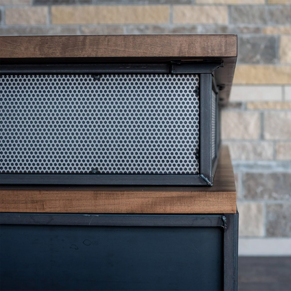 Industrial reception desk with lateral and front open transaction perforated front