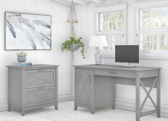Rustic style desk with drawer lateral file cabinet space view cape cod gray