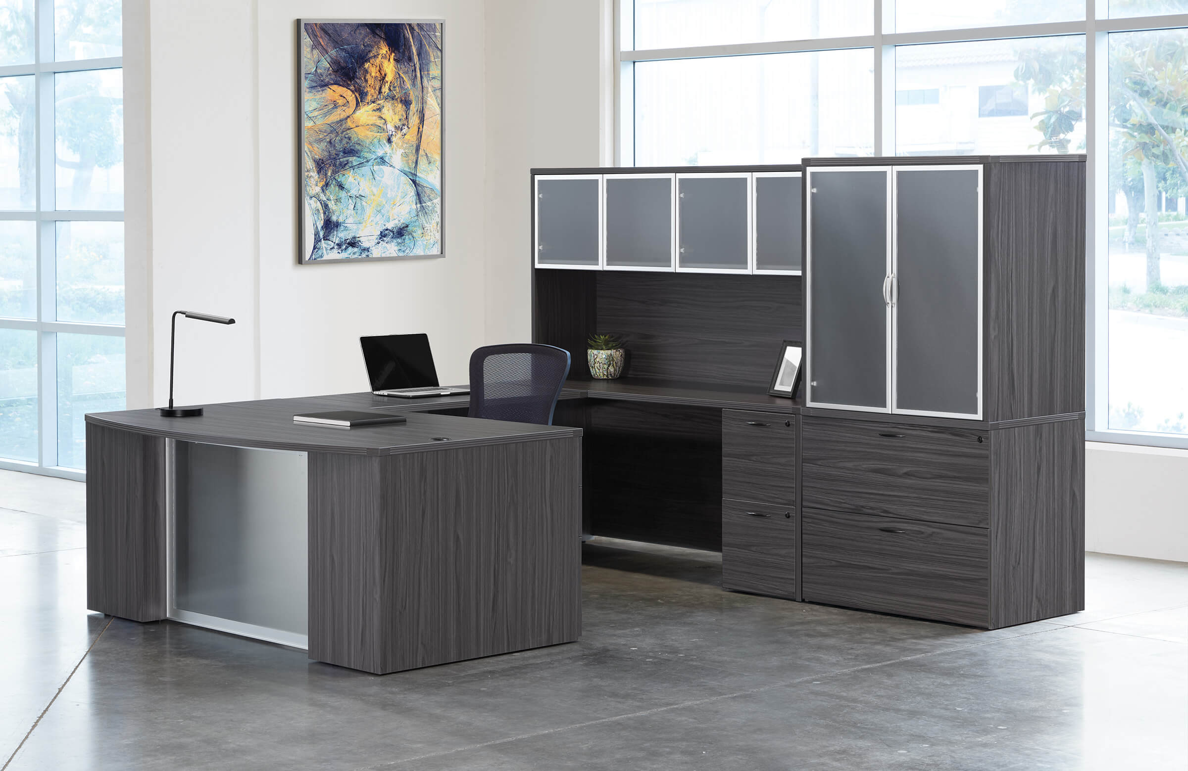 U shaped desk u shaped desk with hutch modern u shaped executive desk slate grey space view 2