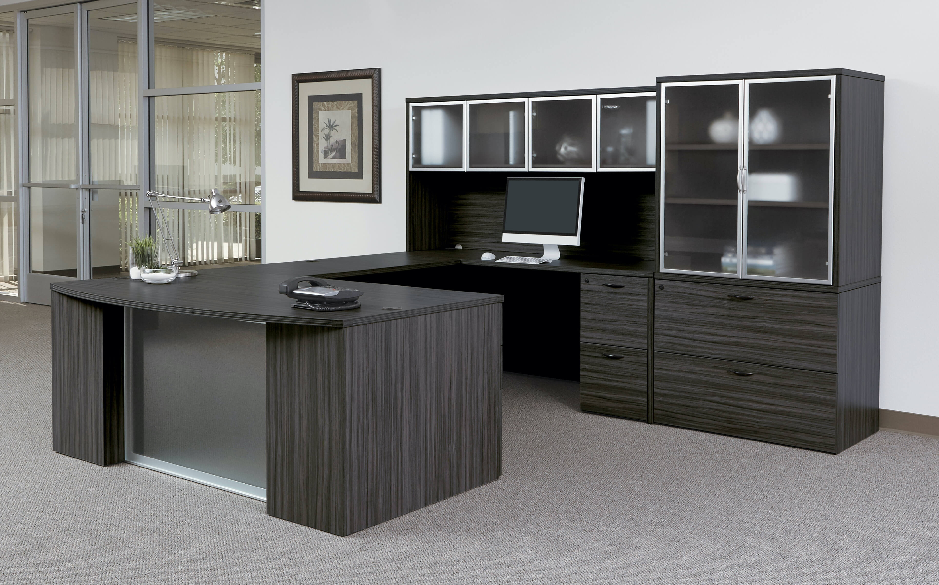 U shaped desk u shaped desk with hutch modern u shaped executive desk slate grey space view 3