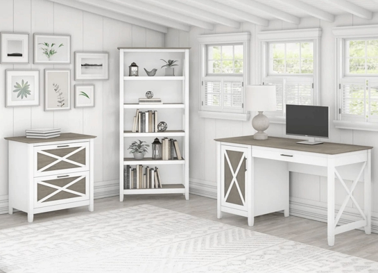 West style desk with drawer file cabinet and 5 shelf bookcase space view shiplap gray pure white