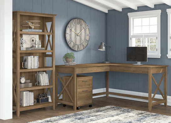 Western l shaped desk with 5 shelf wooden bookcase space view reclaimed pine