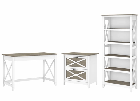 Western style desk with drawer lateral file cabinet and 5 shelf bookcase shiplap gray pure white