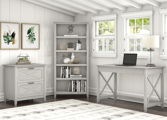 Western style desk with drawer lateral file cabinet and 5 shelf bookcase space view linen white oak