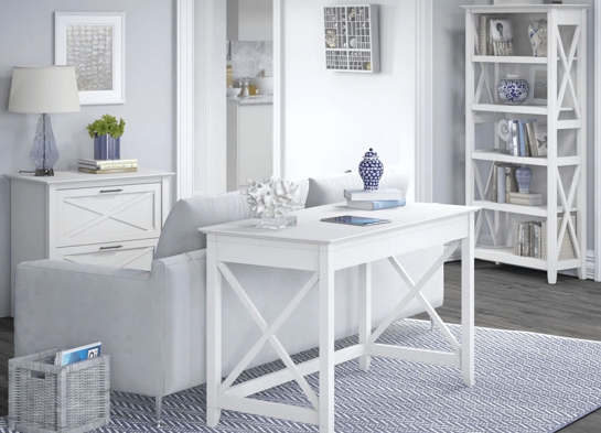 Western style desk with drawer lateral file cabinet and 5 shelf bookcase space view pure white oak