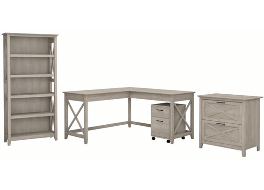 Western style office desk 5 shelf open bookcase highlight washed gray 1